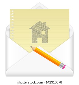 Envelope, notebook sheet, pencil and symbol on a white background.