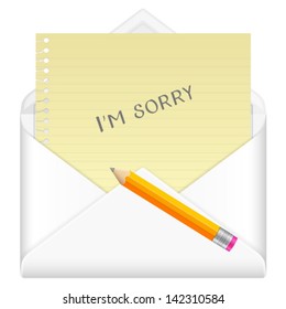 Envelope, notebook sheet, pencil and symbol on a white background.