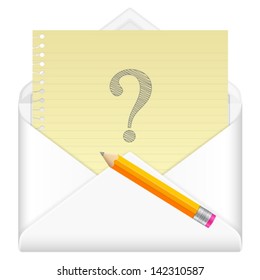Envelope, notebook sheet, pencil and symbol on a white background.