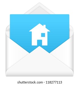 Envelope, notebook sheet, and symbol on a white background.