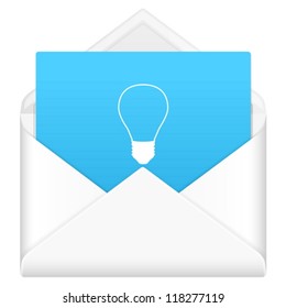 Envelope, notebook sheet, and symbol on a white background.