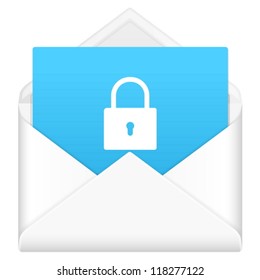 Envelope, notebook sheet, and symbol on a white background.