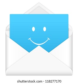 Envelope, notebook sheet, and symbol on a white background.