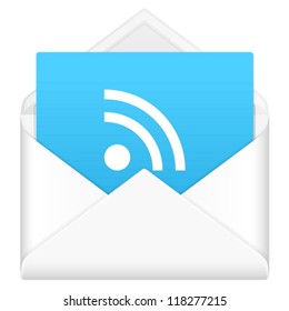 Envelope, notebook sheet, and symbol on a white background.