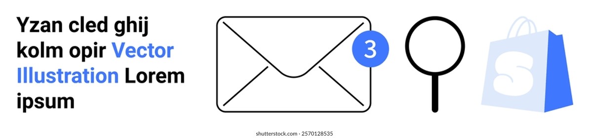 An envelope with a notification badge, a magnifying glass, and a shopping bag. Ideal for email marketing, online shopping, search functionality, notifications, and digital communication. Landing page