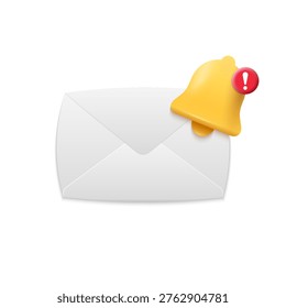 Envelope with notification bell and alert badge icon isolated on white background. New message, email alert and mobile notification