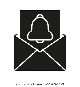 Envelope With Notification Bell Solid Icon. Email Alert, Message Notification, And Communication Reminder Silhouette Symbol. Digital Communication. Isolated Vector Illustration.