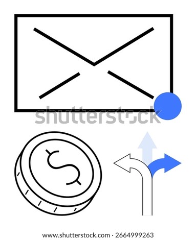 Envelope with notification circle, dollar coin, and split arrow for choices. Ideal for business strategy, financial planning, email notifications, decision making, economics, communication