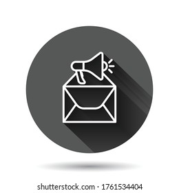 Envelope notification icon in flat style. Email with speaker vector illustration on black round background with long shadow effect. Receive mail message circle button business concept.