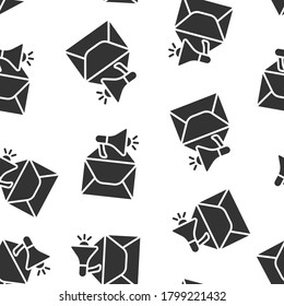 Envelope notification icon in flat style. Email with speaker vector illustration on white isolated background. Receive mail message seamless pattern business concept.