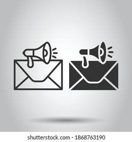 Envelope notification icon in flat style. Email with speaker vector illustration on white isolated background. Receive mail message business concept.