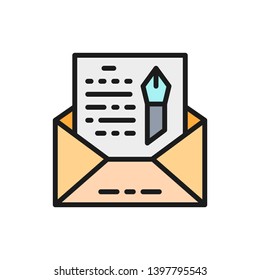 Envelope, novel, freehand letter flat color icon.