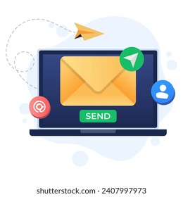 Envelope on laptop screen with send button, Online communication, Send email, Digital chat  concept flat illustration vector template for web banner, landing page, infographic