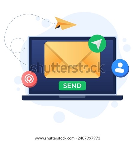 Envelope on laptop screen with send button, Online communication, Send email, Digital chat  concept flat illustration vector template for web banner, landing page, infographic