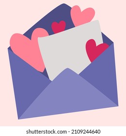 El sobre está abierto con una carta vacía y corazones. Tarjeta de San Valentín. Símbolos vectores del amor. día de San Valentín. Una serie de postales al estilo boho.