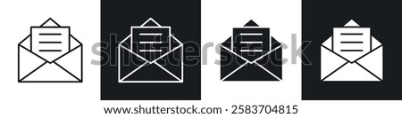 Envelope open icons collection in black and white filled and line versions