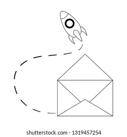 Envelope open with start up rocket symbol black and white