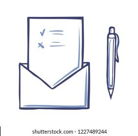 Envelope with opened voting page having marks and pen icon isolated vector. Ballot and information on sheet of paper. Monochrome sketch outline document