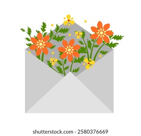 Envelope with orange flowers on a white background. Greeting Card