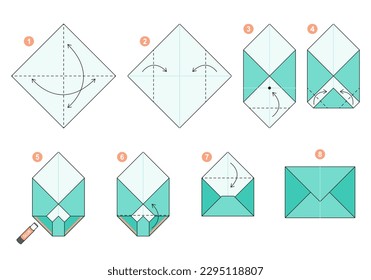 Envelope origami scheme tutorial moving model. Origami for kids. Step by step how to make a cute origami envelope. Vector illustration.