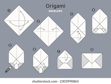 Envelope origami scheme tutorial moving model on grey backdrop. Origami for kids. Step by step how to make a cute origami envelope. Vector illustration.