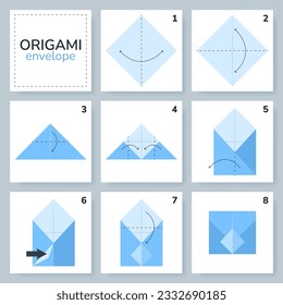 Envelope origami scheme tutorial moving model. Origami for kids. Step by step how to make a cute origami envelope. Vector illustration.