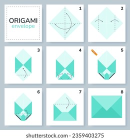 Envelope origami scheme tutorial moving model. Origami for kids. Step by step how to make a cute origami envelope. Vector illustration.