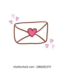 Envelope with outline hearts isolated on white background. Happy valentine's day. Pink cute letter hand drawn cartoon illustration. Romantic love message. Wedding celebration decoration element.  