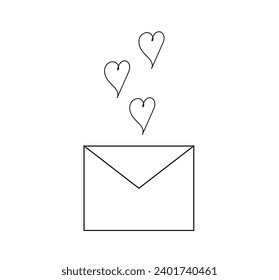contorno de sobre y tres corazones sobre fondo blanco