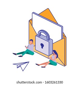 Envelope padlock and people design of Security system warning protection danger web alert and safe theme Vector illustration