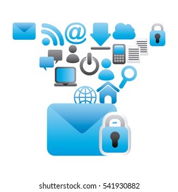 envelope and padlock with social network around over white background. colorful design. vector illustration