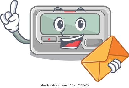 With envelope pager placed above cartoon wooden table
