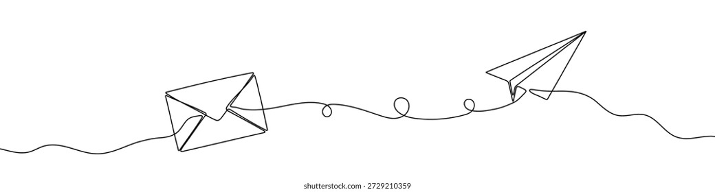 Envelope e um avião de papel em um estilo de arte de linha. Desenho de mensagem e símbolos de entrega rápida com traço preto editável em um fundo branco. Ilustração vetorial.