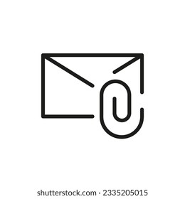 Envelope and paper clip icon vector illustration black outline. Email attachment or attached file concept. Logo template. Flat isolated symbol for app, interface, web, ui, ux. Vector EPS 10.