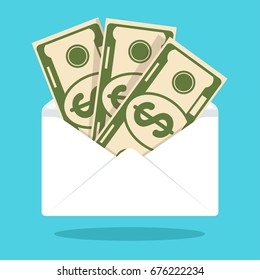 Envelope with paper dollar banknote coin. Symbol of wealth, success and good luck. Bank and Finance. Flat vector cartoon illustration. Objects isolated on a white background.