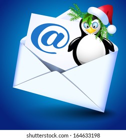 Envelope and paper with e-mail sign and  funny penguin