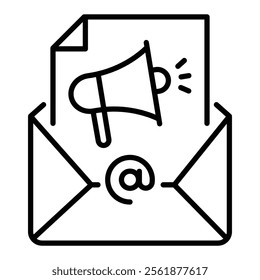 Envelope with a paper featuring a speaker icon, symbolizing digital marketing email communications, newsletter, updates,  announcements round line vector icon with editable stroke