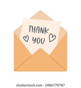 Envelope and paper inside with thank you text and doodle hand drawn hearts. Mail, letter, gratitude or stationery theme. Vector illustration in flat style isolated on white background.