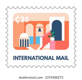 Envelope paper with landmarks of city or old town architecture. Isolated postcard or postmark with price. Mail and express delivery service, correspondence postage mark. Vector in flat style