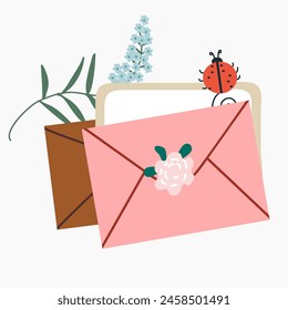 Envelope with paper letter and greeting card. Correspondence, spring postcard with flowers. Flat vector illustration of mail isolated on white background