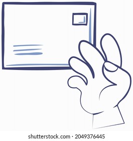 Envelope with paper letter mail message and hand in cartoon style communication icon. Correspondence via paper and pages. Monochrome sketch outline mail and post isolated on white. Business document