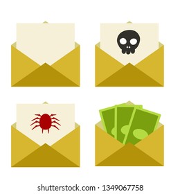 Envelope with paper letter. Spam message with dangerous virus in email with spider and skull. Computer security kit. Money in the message gift and bribe. Business elements of work in office.