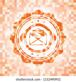envelope with paper with money symbol inside icon inside abstract orange mosaic emblem with background