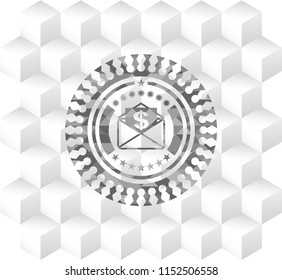 envelope with paper with money symbol inside icon inside grey emblem with cube white background