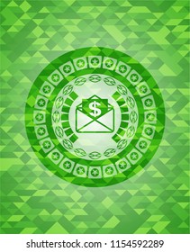 envelope with paper with money symbol inside icon inside green emblem with mosaic background