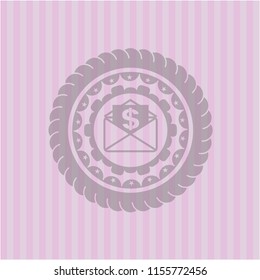 envelope with paper with money symbol inside icon inside pink emblem. Vintage.