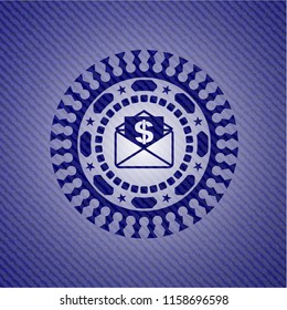 envelope with paper with money symbol inside icon inside emblem with denim texture