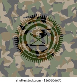 envelope with paper with money symbol inside icon on camo pattern