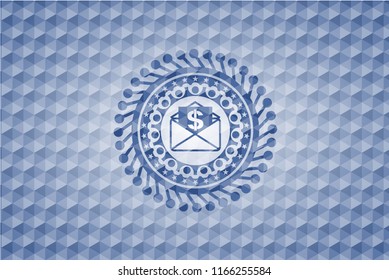 envelope with paper with money symbol inside icon inside blue emblem with geometric pattern background.