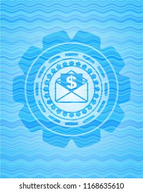 envelope with paper with money symbol inside icon inside sky blue water wave emblem.